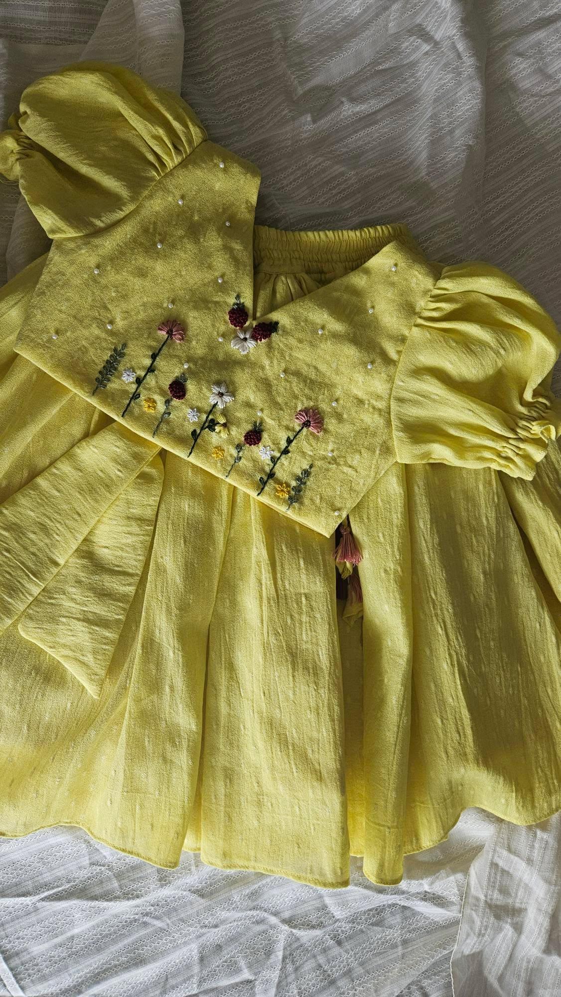 Lemon Blossom: Hand Embroidered Yellow Full Length Skirt Top Set In Moss Cotton Fabric
