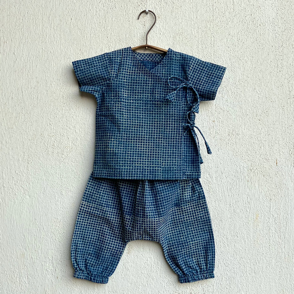 Unisex Organic Indigo Check Angarakha  + Matching Pants