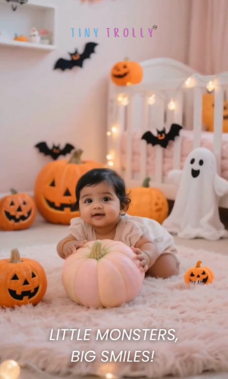 Baby with pumpkins in a Halloween-themed room, featuring 'Tiny Trolls' branding.