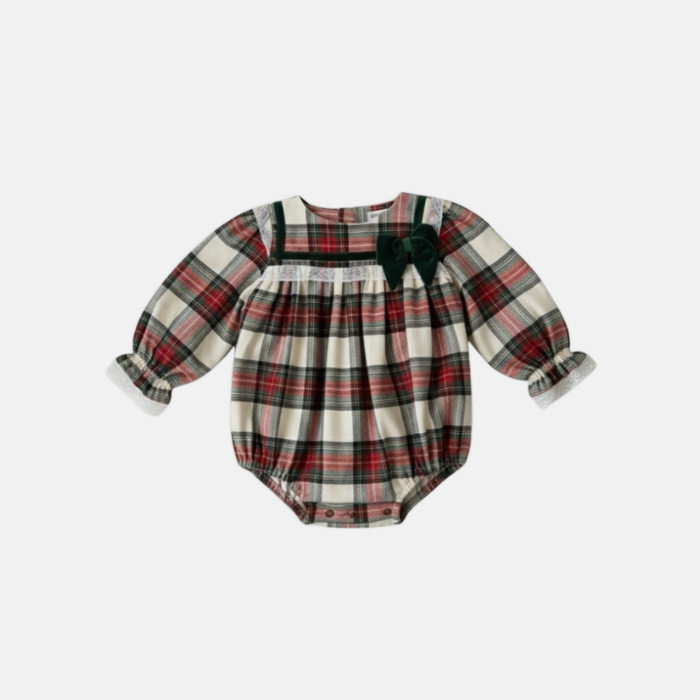 Ivory Plaid Lace Trim Romper