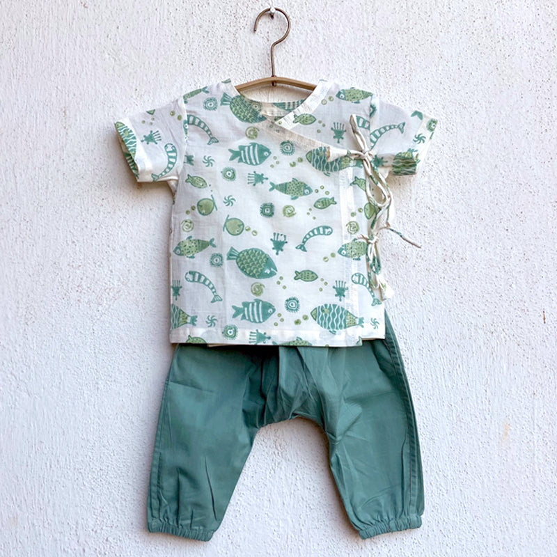 Unisex Organic Koi Bag - Koi Mint And White Angrakha + Mint Pants