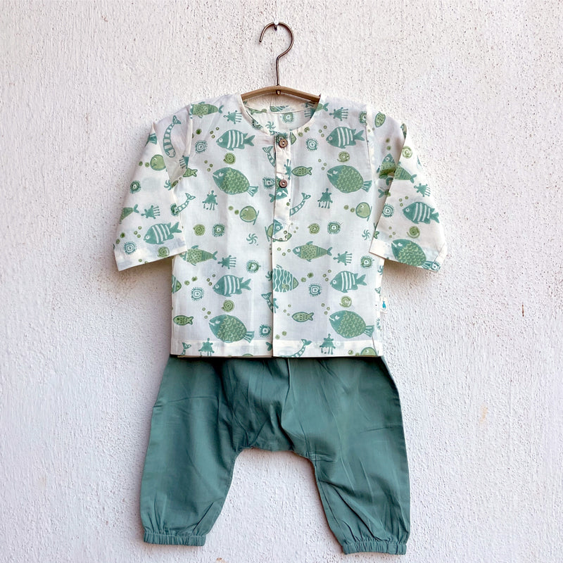 Unisex Organic Koi Bag - Koi Mint And White Kurta + Mint Pants