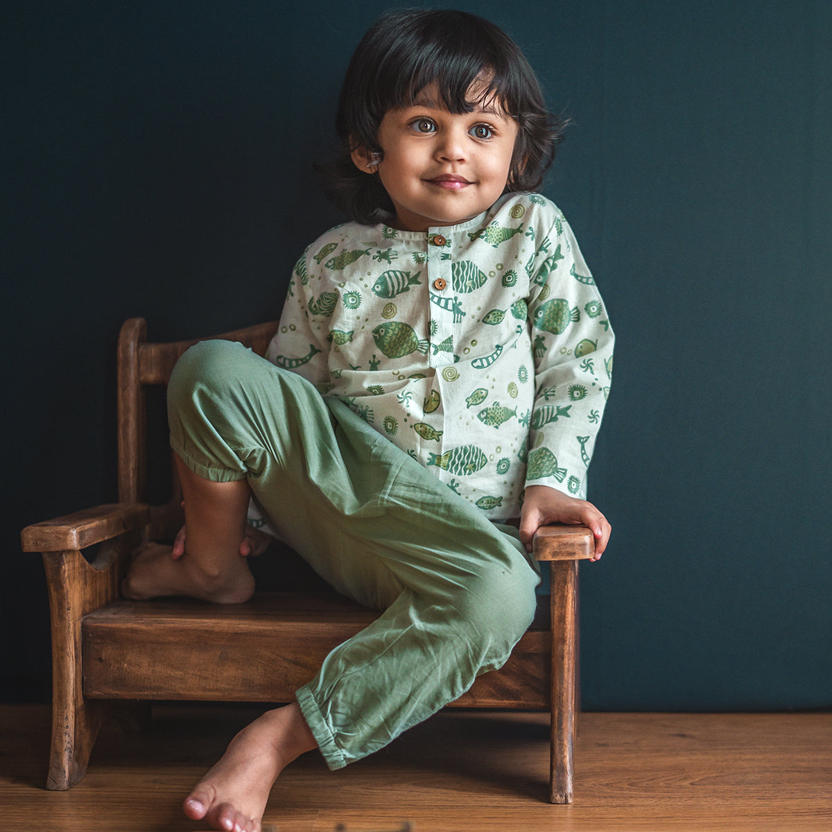 Unisex Organic Fish Print Kurta + Mints Pants