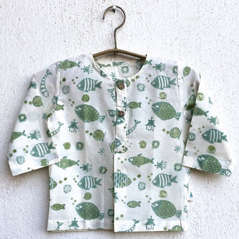 Unisex Organic Fish Print Kurta + Mints Pants