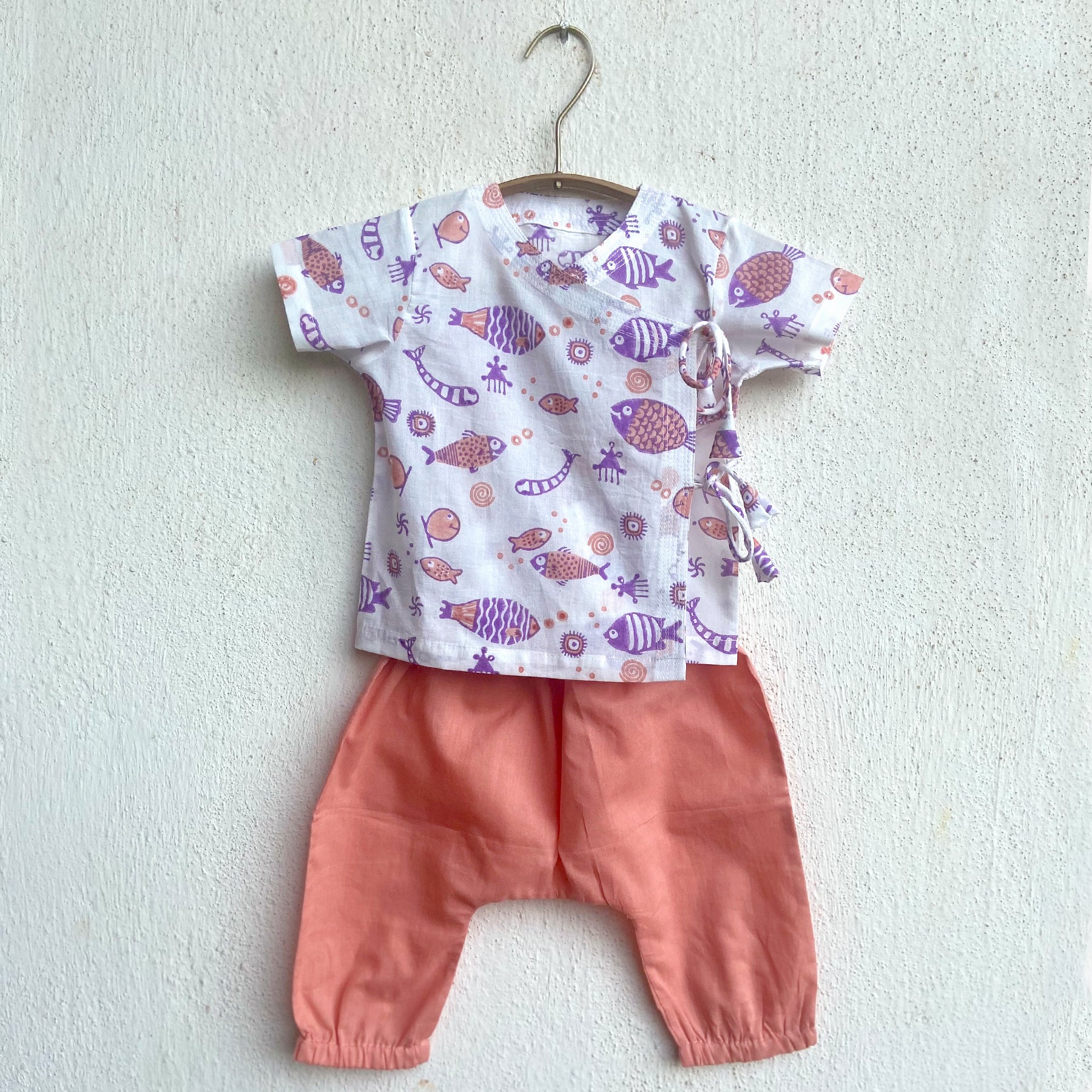 Unisex Organic Koi Peach Print  Angrakha Top With Peach Pants