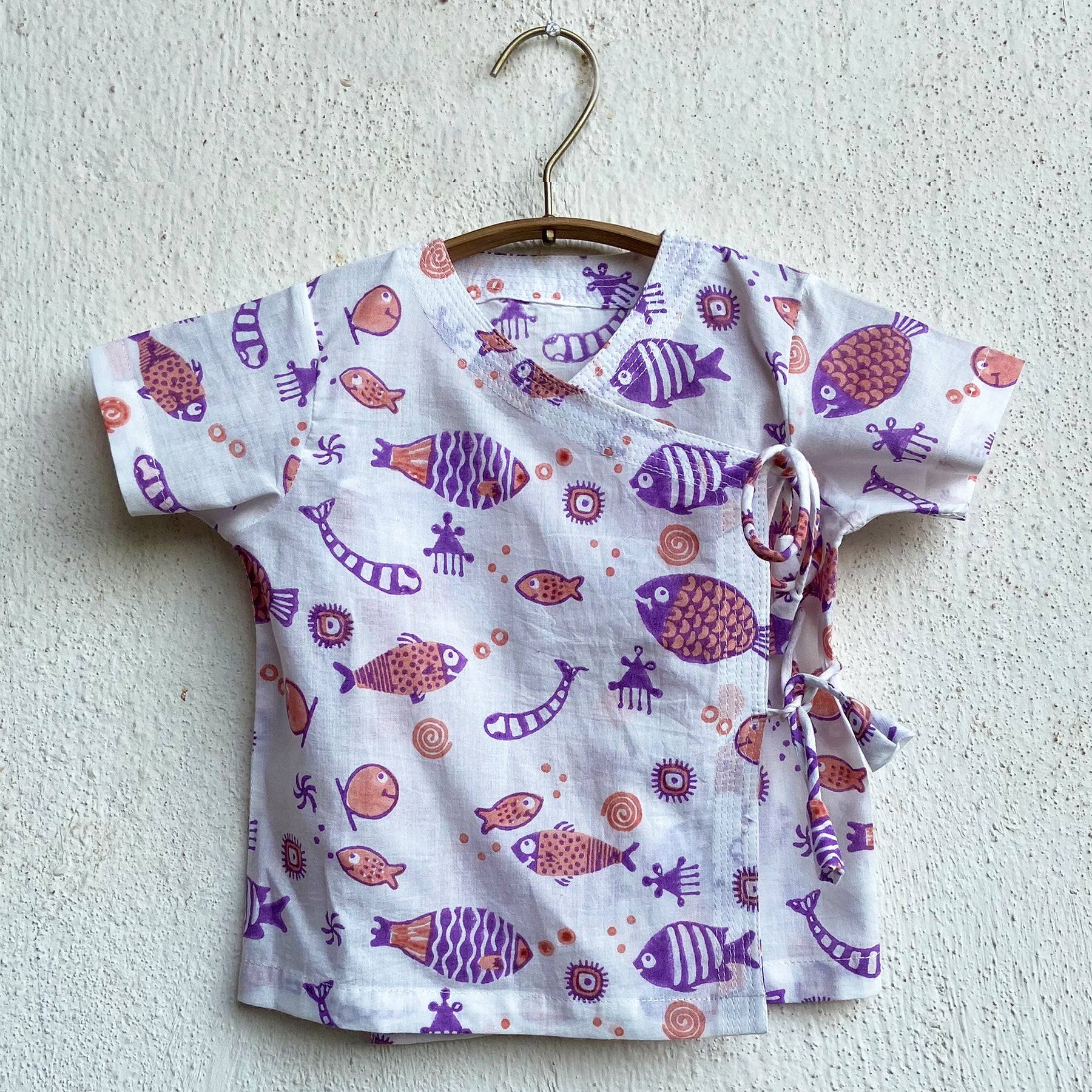 Unisex Organic Koi Peach Print  Angrakha Top With Peach Pants