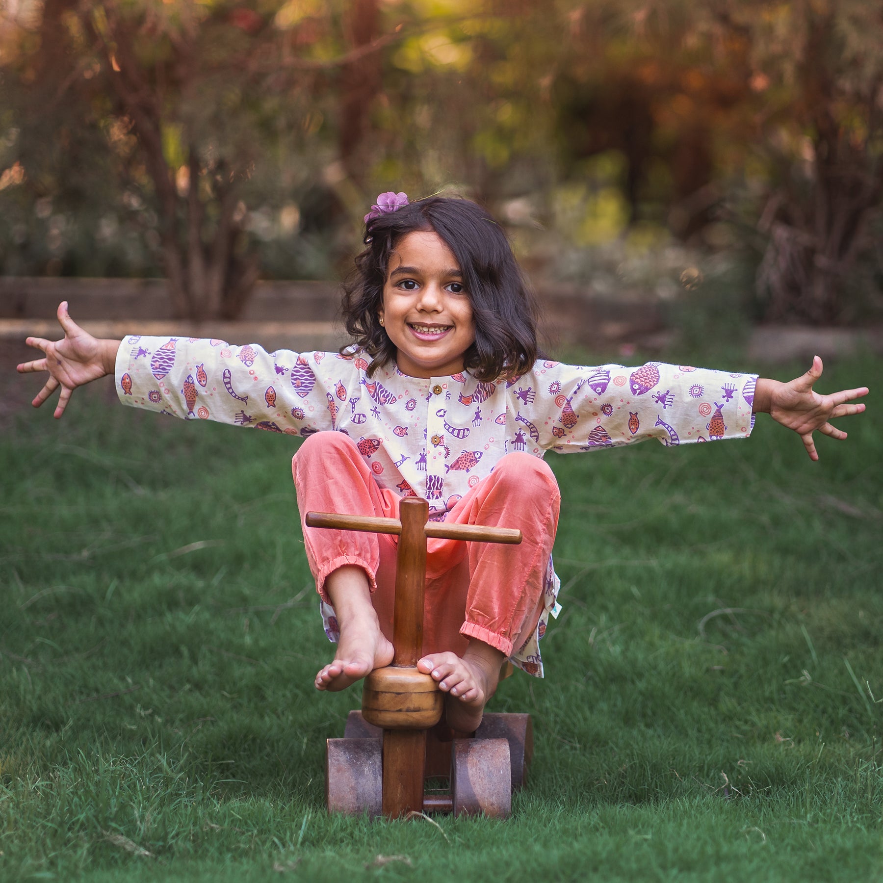Unisex Organic Koi Peach Print Kurta + Peach Pants