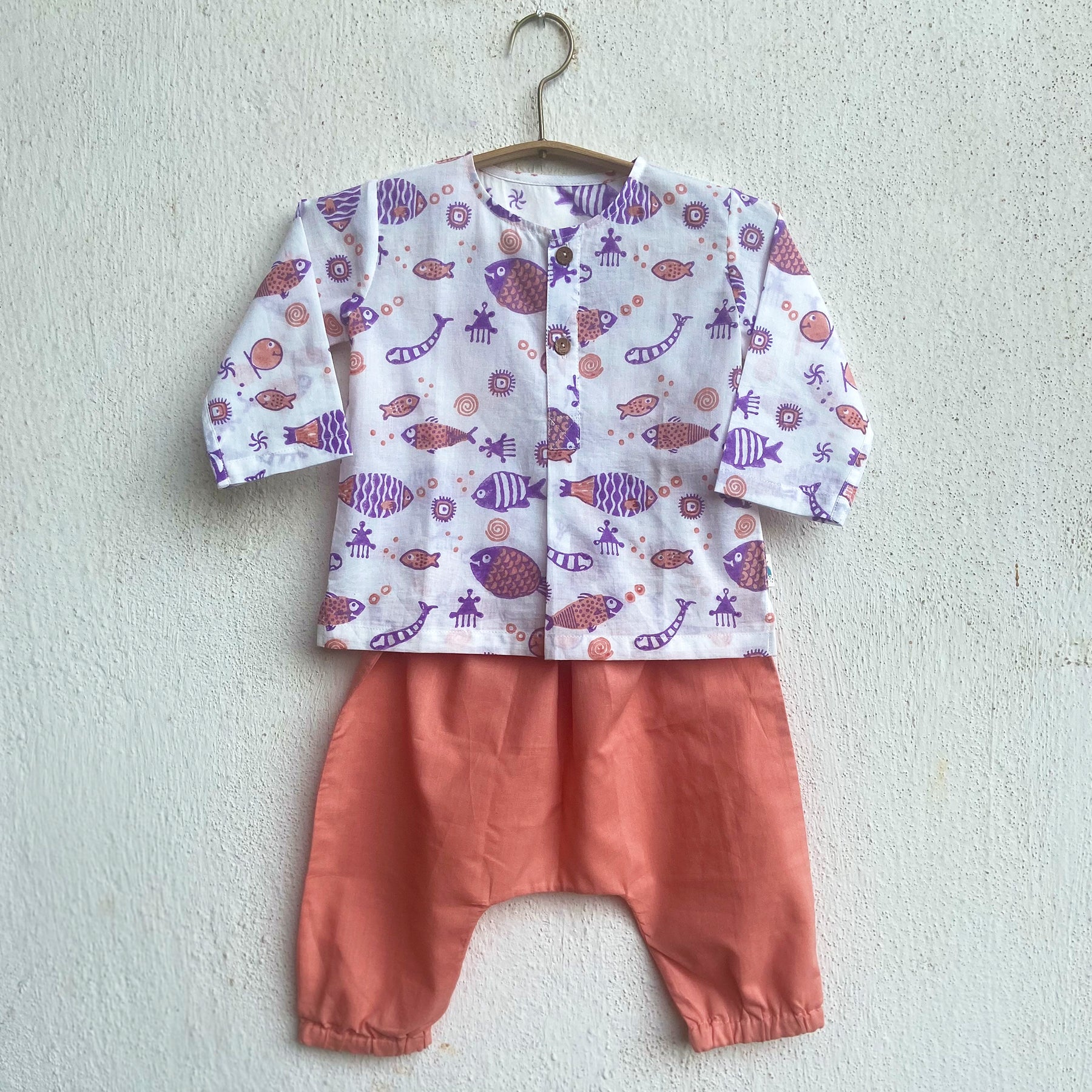 Unisex Organic Koi Peach Print Kurta + Peach Pants