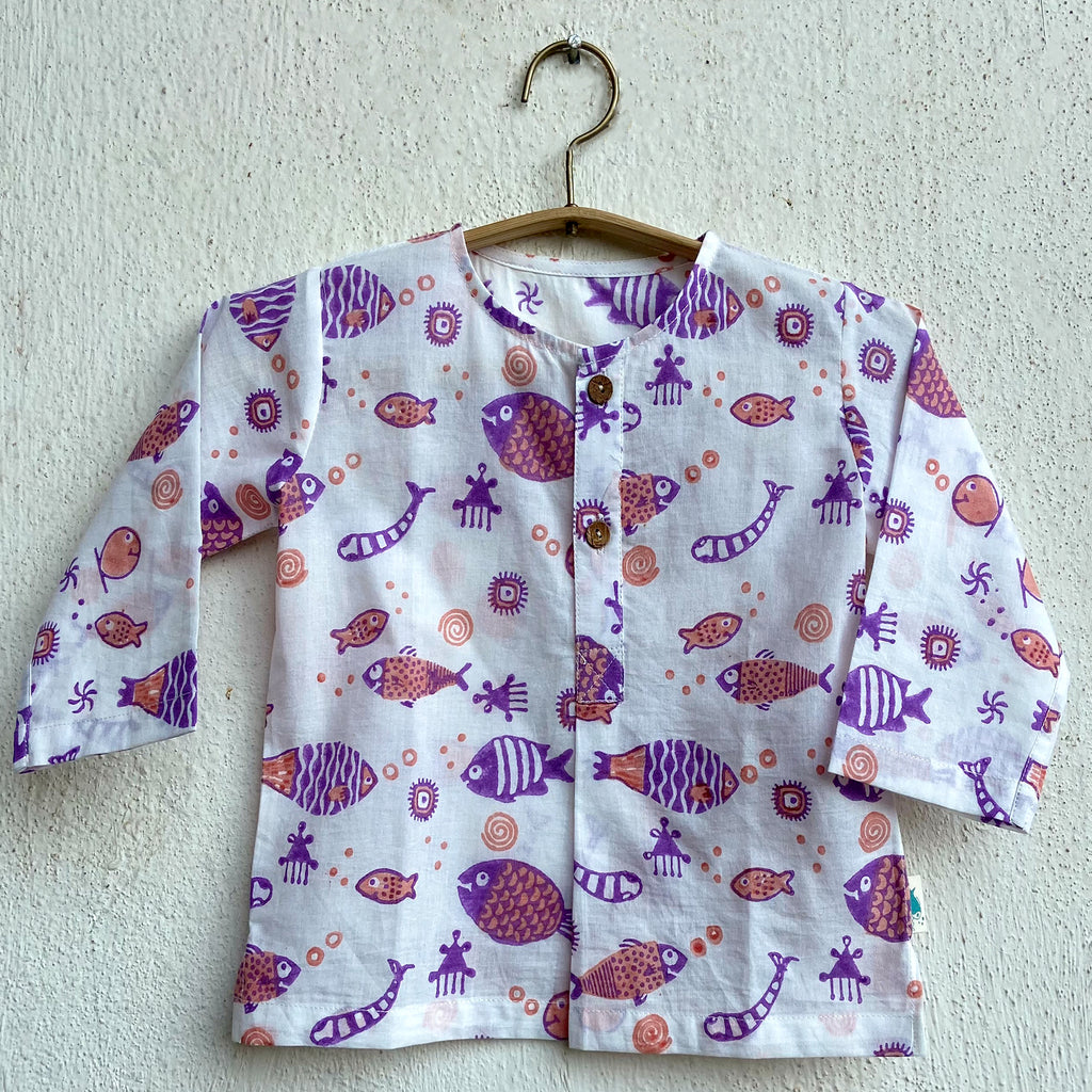 Unisex Organic Koi Peach Print Kurta + Peach Pants