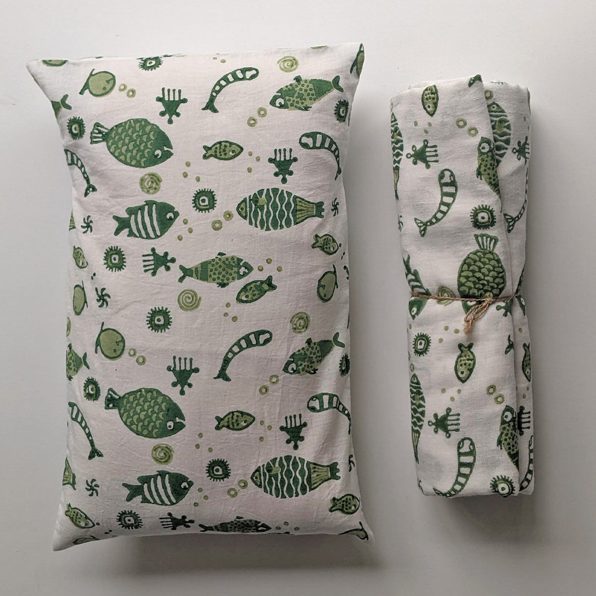 Gift Set - Organic Fish Print Kapok Pillow +  Swaddle