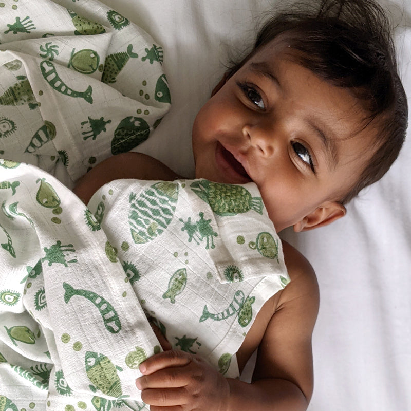 Gift Set - Organic Fish Print Kapok Pillow +  Swaddle