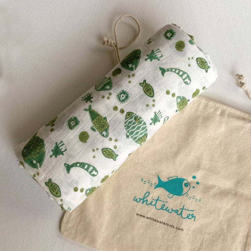 Gift Set - Organic Fish Print Kapok Pillow +  Swaddle