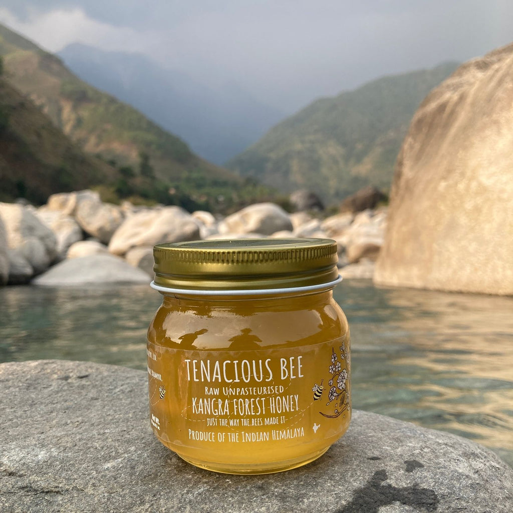 Jar of Tenacious Bee honey on a rock with a mountainous landscape in the background