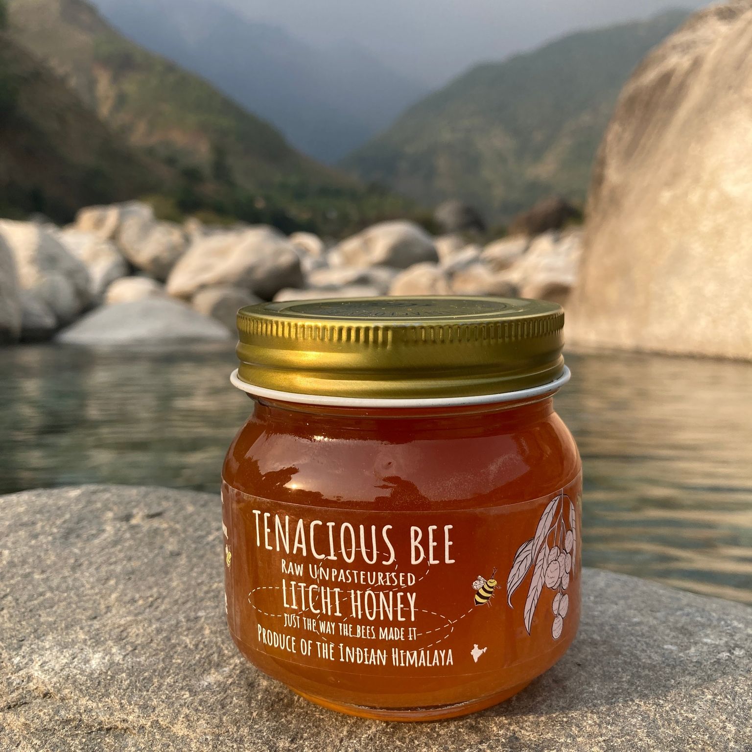 Jar of Tenacious Bee honey with a mountainous landscape in the background
