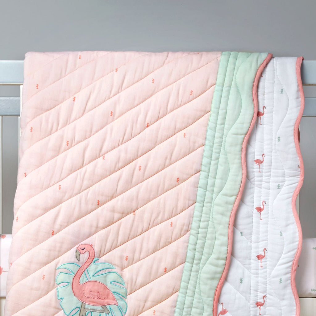 Girl Organic Cotton Dohar Blanket, 0-3 years - Hello Flamingo-Pink