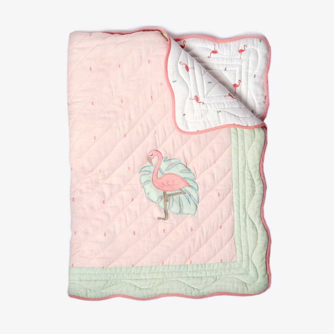 Girl Organic Cotton Dohar Blanket, 0-3 years - Hello Flamingo-Pink