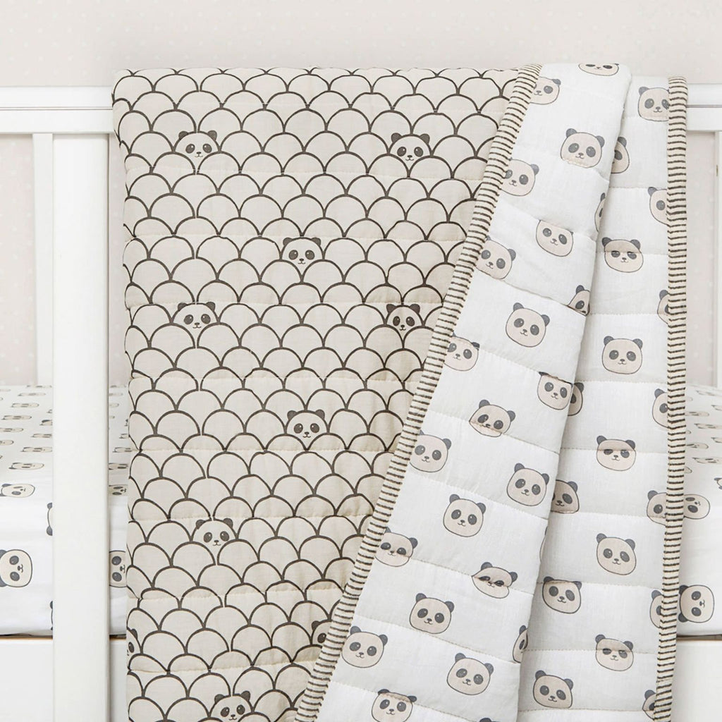 Boy Organic Cotton Quilt Blanket, 0-3 years - Peekaboo Panda - Black