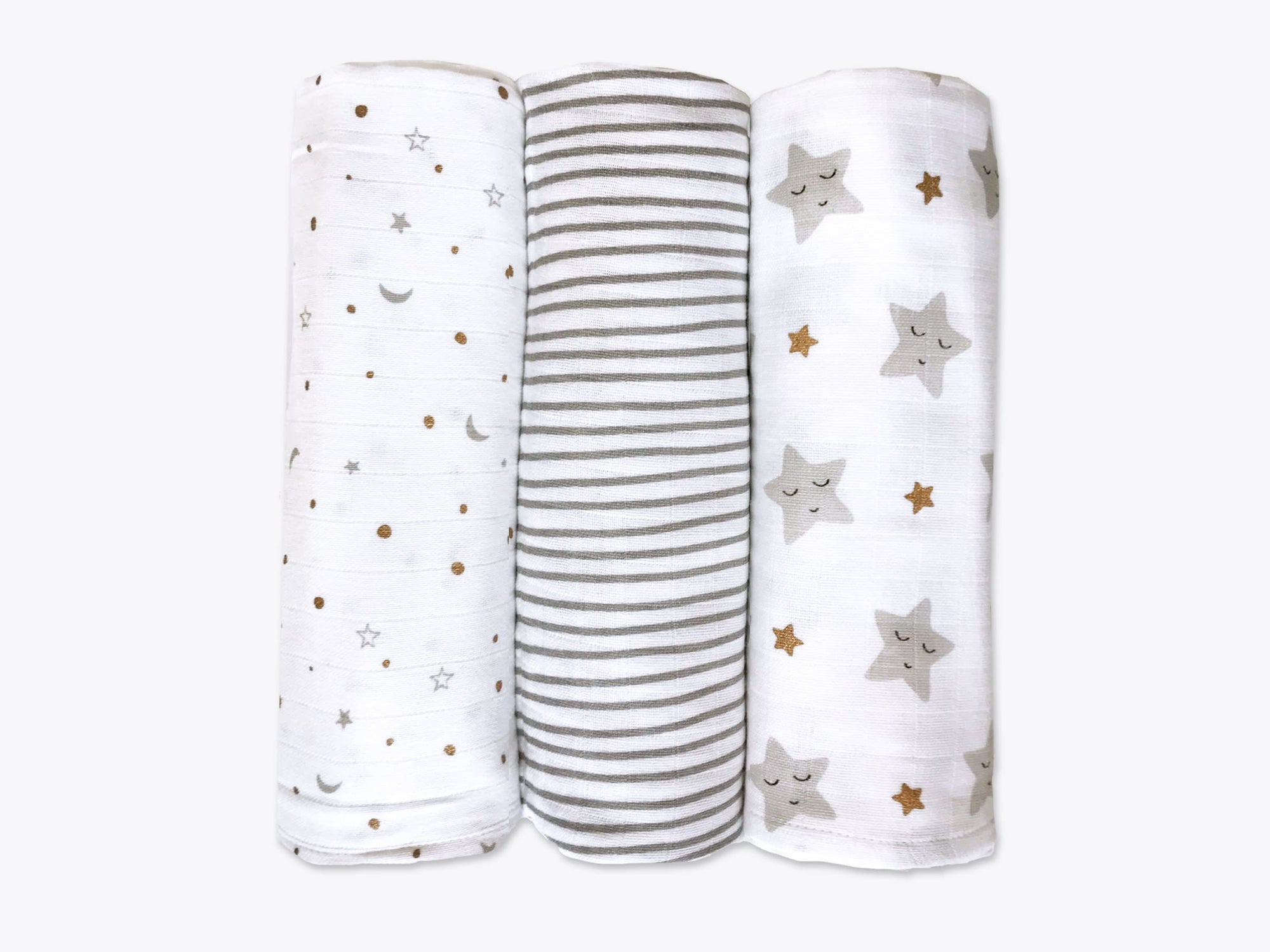 Unisex Organic Cotton Muslin Swaddles, 0-1 years-Sleepy Star (Metallic)-Grey