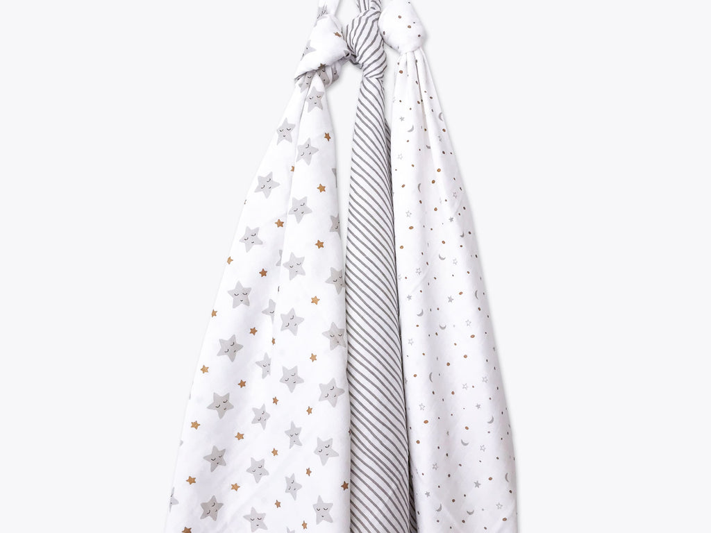 Unisex Organic Cotton Muslin Swaddles, 0-1 years-Sleepy Star (Metallic)-Grey