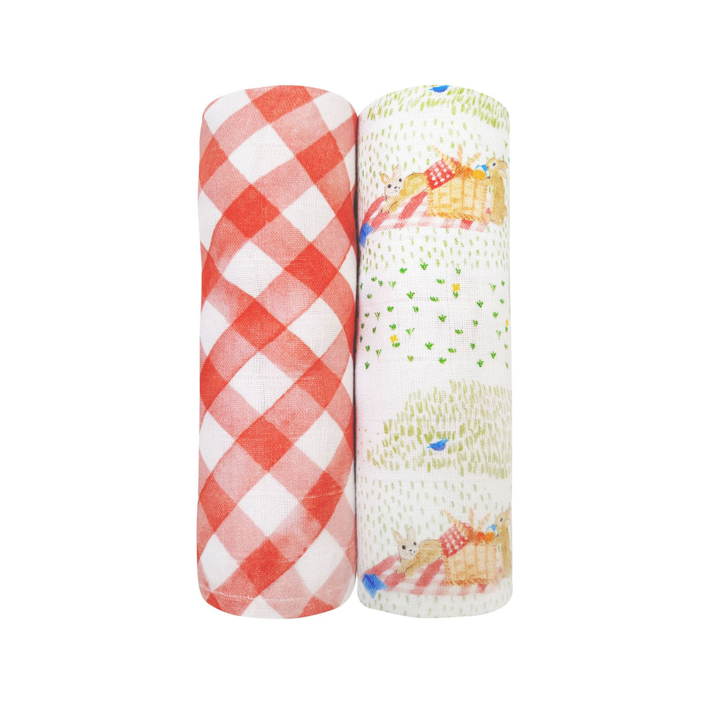 Unisex Organic Bamboo Muslin Swaddles, 0-1 year-Picnic Party & Gingham Checks-Red