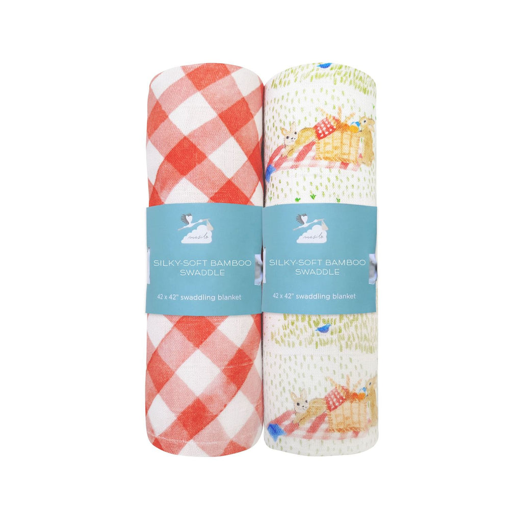 Unisex Organic Bamboo Muslin Swaddles, 0-1 year-Picnic Party & Gingham Checks-Red