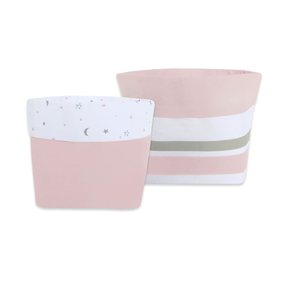 Two pink storage bins with striped patterns on a white background