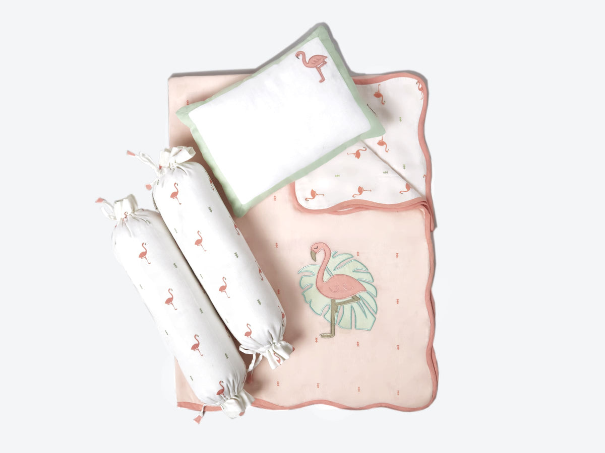 Girl Organic Cotton Mini Cot Bedding Set, 0-2 years  Hello Flamingo-Pink