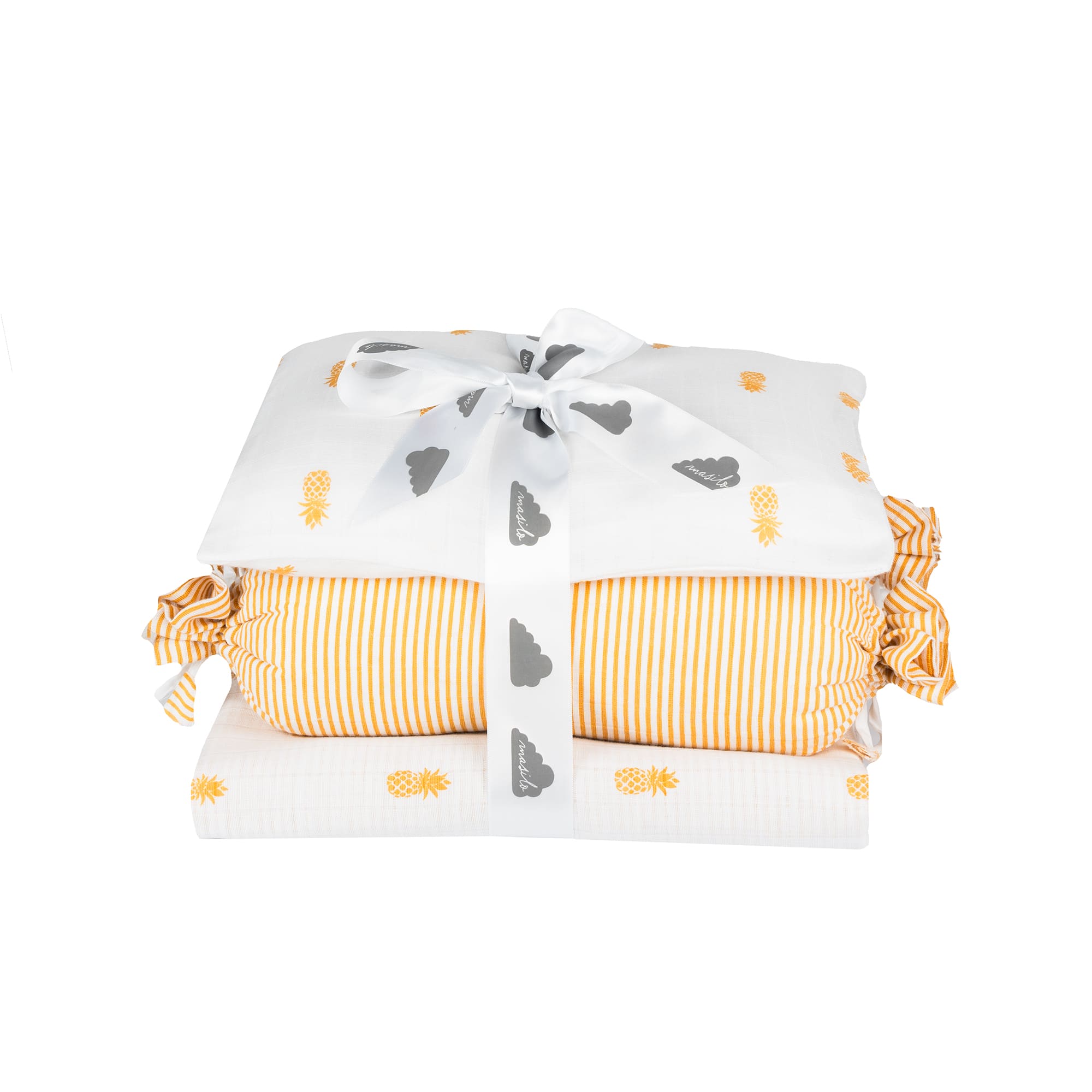 Folded baby blanket with yellow and white pattern on a white background