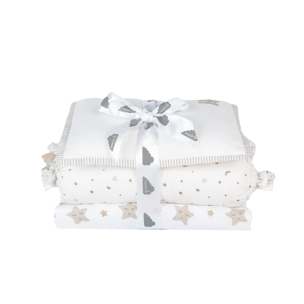 Unisex Organic Muslin Mini Cot Bedding Set, 0-2 years Sleepy Star (Metallic)-Grey