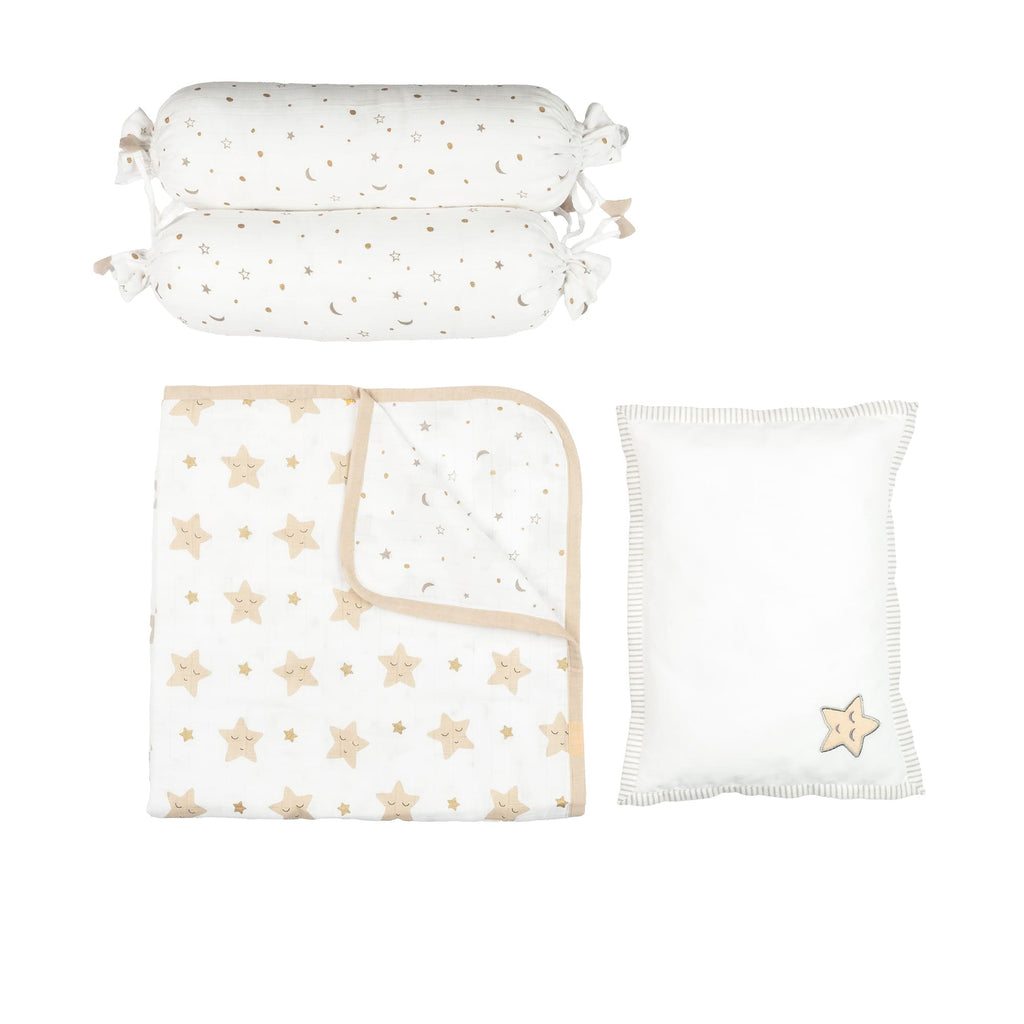 Unisex Organic Muslin Mini Cot Bedding Set, 0-2 years Sleepy Star (Metallic)-Grey