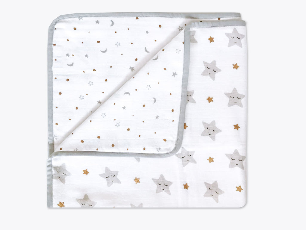 Unisex Organic Muslin Mini Cot Bedding Set, 0-2 years Sleepy Star (Metallic)-Grey