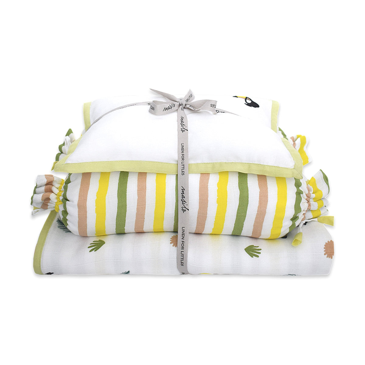 Unisex Organic Muslin Mini Cot Bedding Set, 0-2 years Tropical Toucan-Yellow