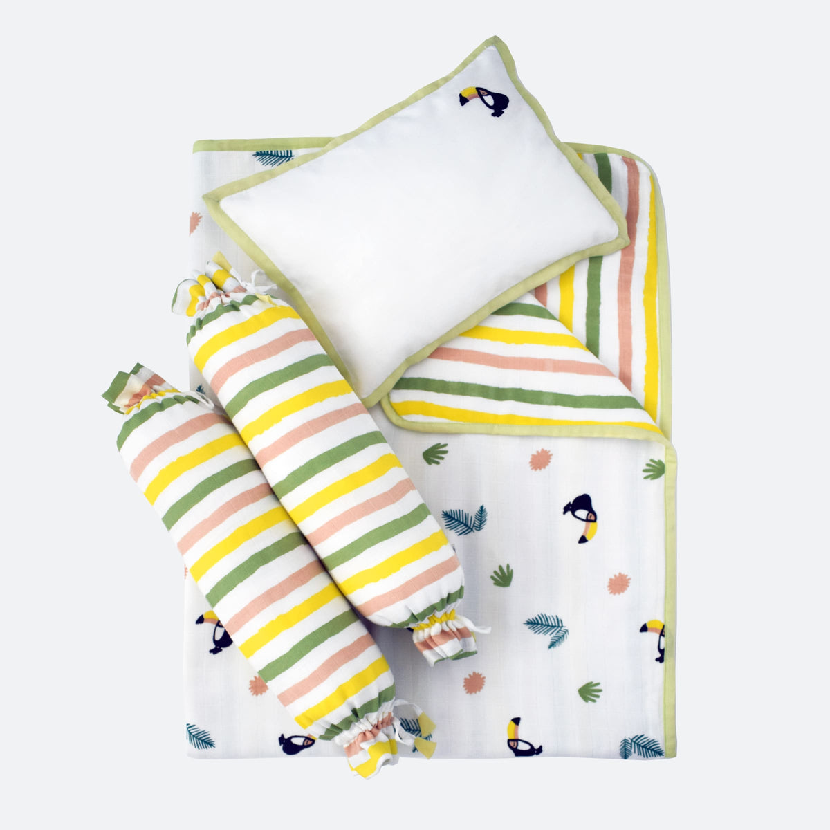 Unisex Organic Muslin Mini Cot Bedding Set, 0-2 years Tropical Toucan-Yellow