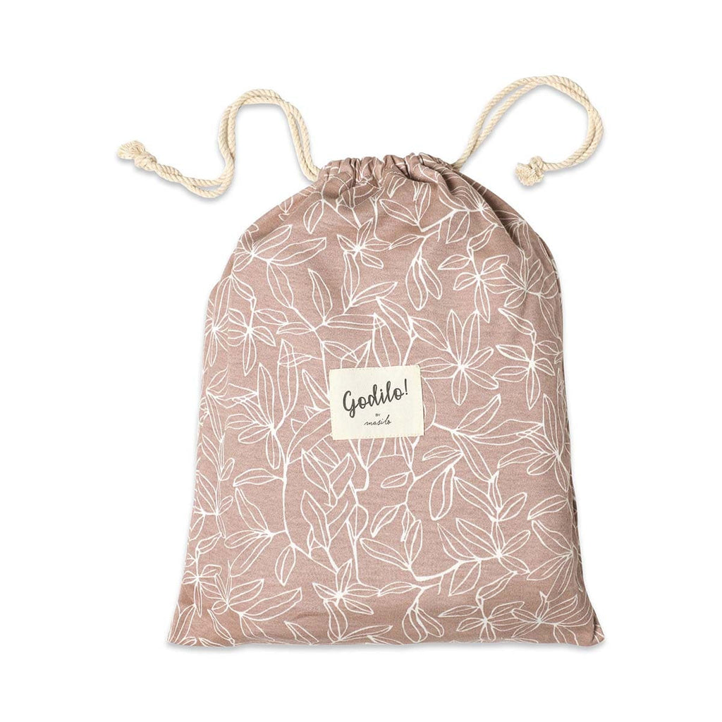Drawstring bag with floral pattern and 'Godiva' label on a white background