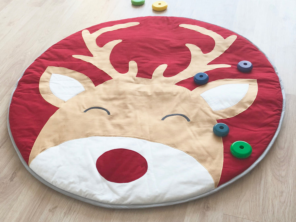 Unisex Cotton top layer, Quilted Playmat Reindeer - Red