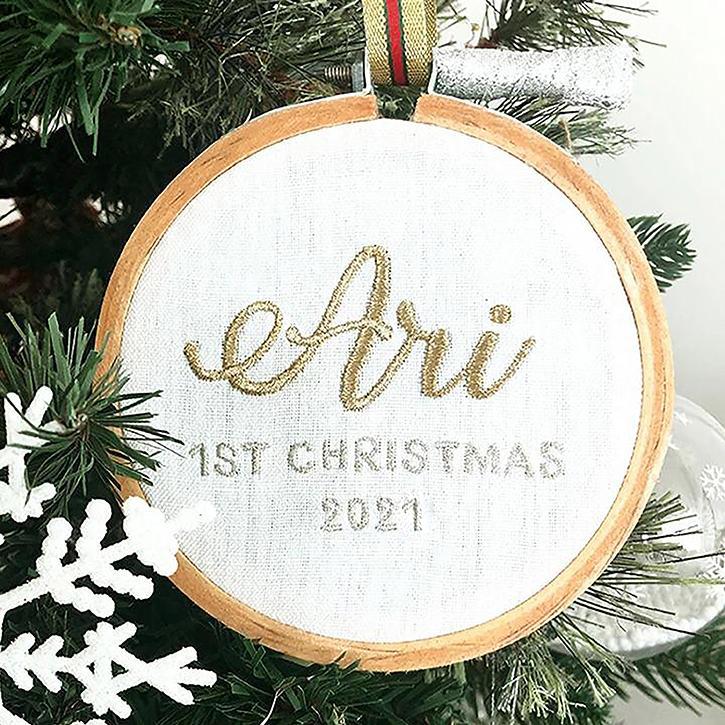 Unisex Cotton Hand-embroidered, Christmas Ornament First Christmas - White