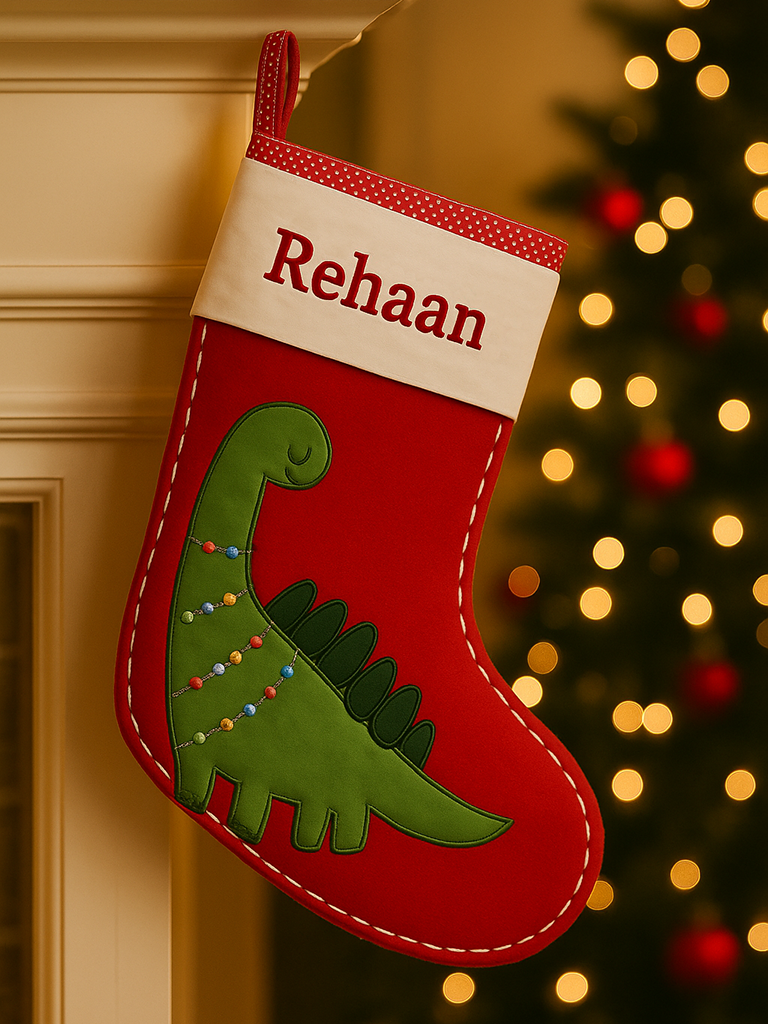 Unisex Cotton/wool mix adorable handmade Christmas Stocking – Dinosaur-Red