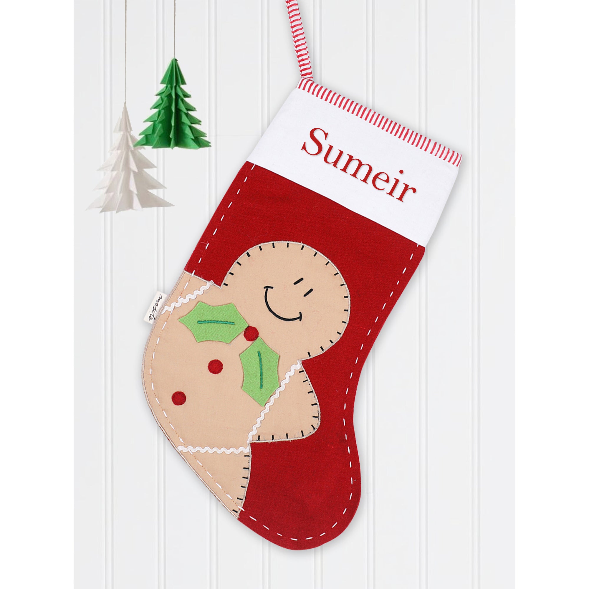 Unisex Cotton/wool mix adorable handmade Christmas Stocking – Gingerbread Man-Red