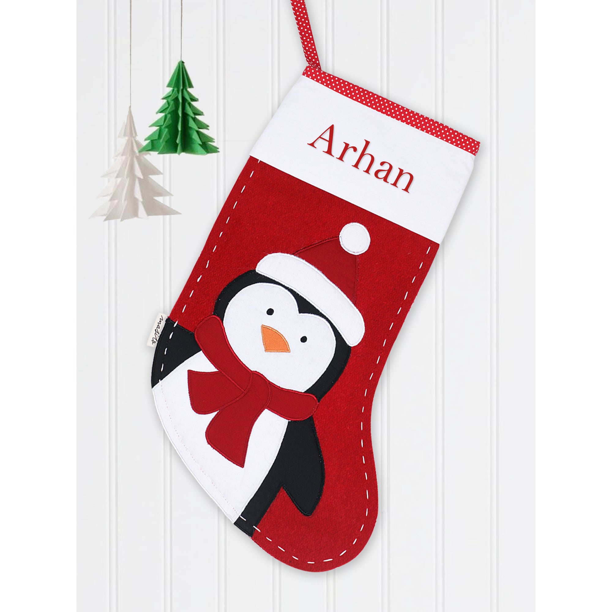 Unisex Cotton/wool mix adorable handmade Christmas Stocking – Penguin - Red