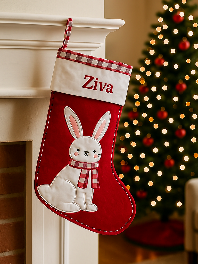 Unisex Cotton/wool mix adorable handmade Christmas Stocking – Rabbit-Red