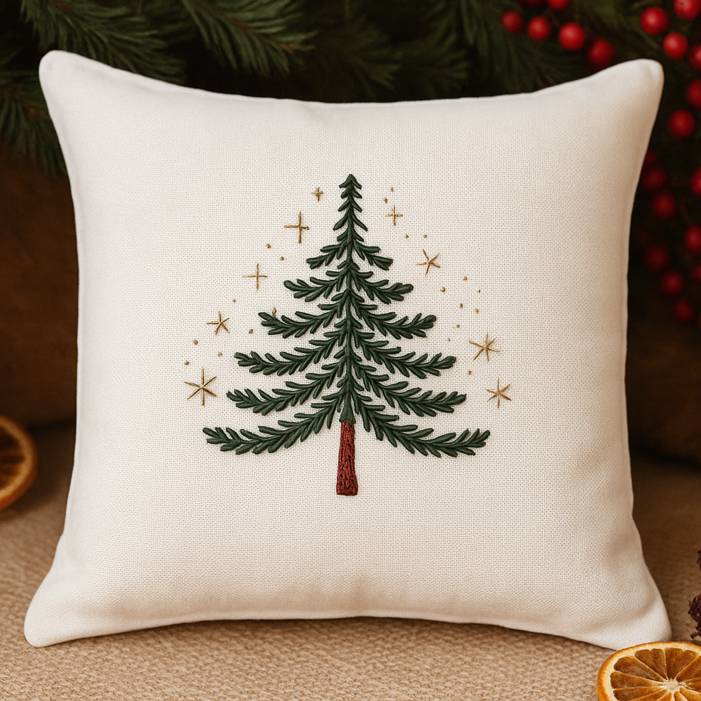 Unisex Cotton Linen Throw Cushion - Christmas Tree (Cushion Cover With Filler) - White