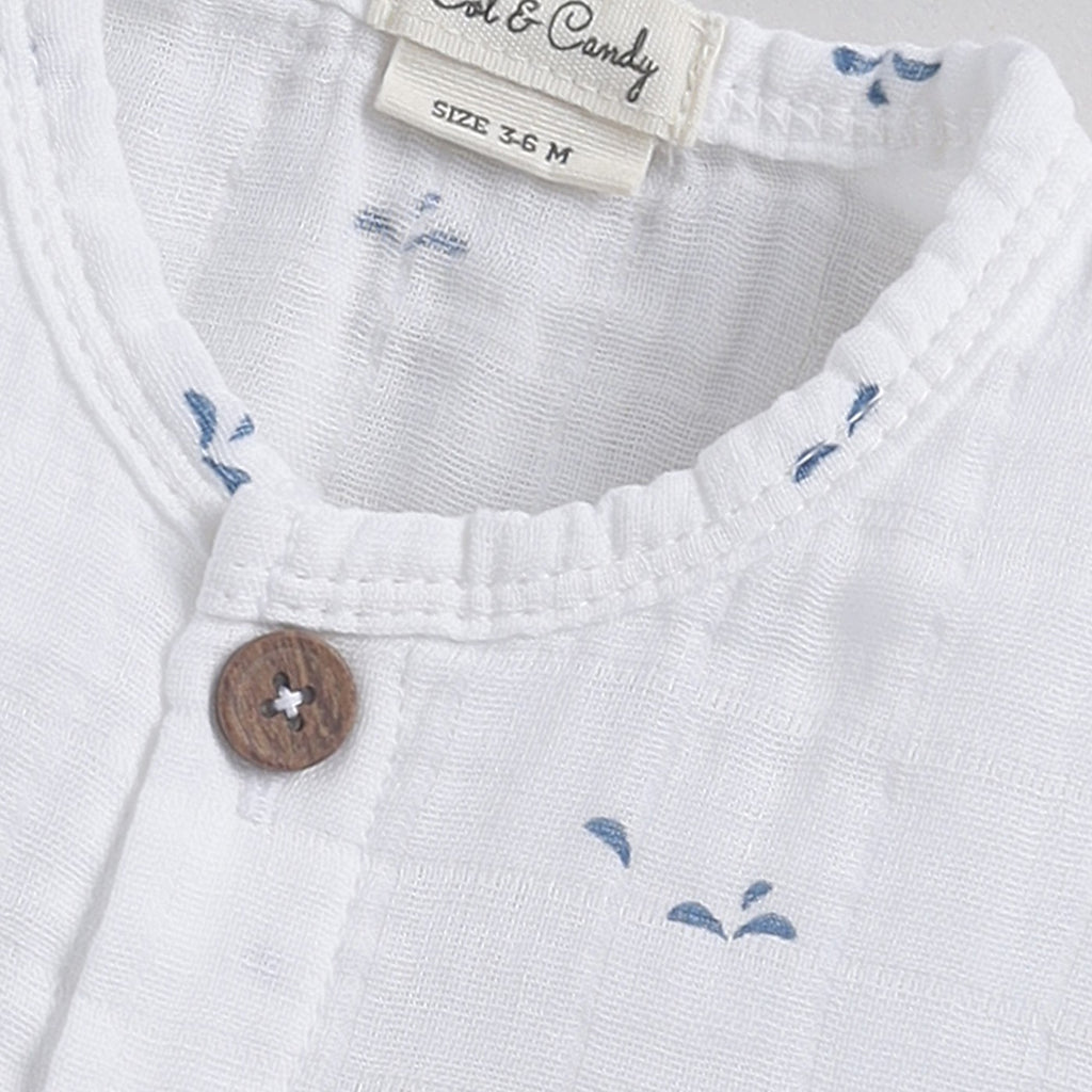 Half Sleeve Organic Muslin Blue Dot Print Jhabla Top-Blue Dot