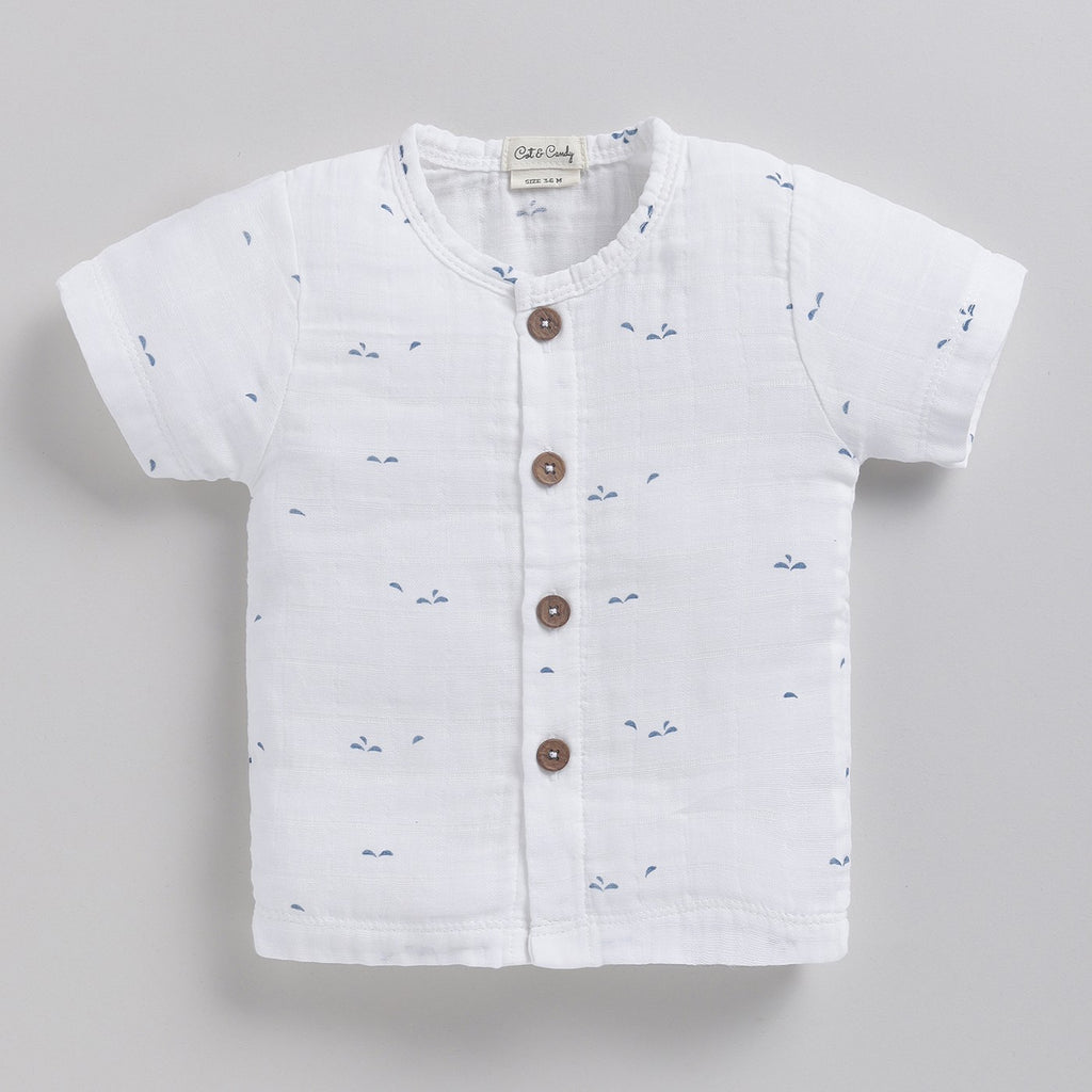 Half Sleeve Organic Muslin Blue Dot Print Jhabla Top-Blue Dot