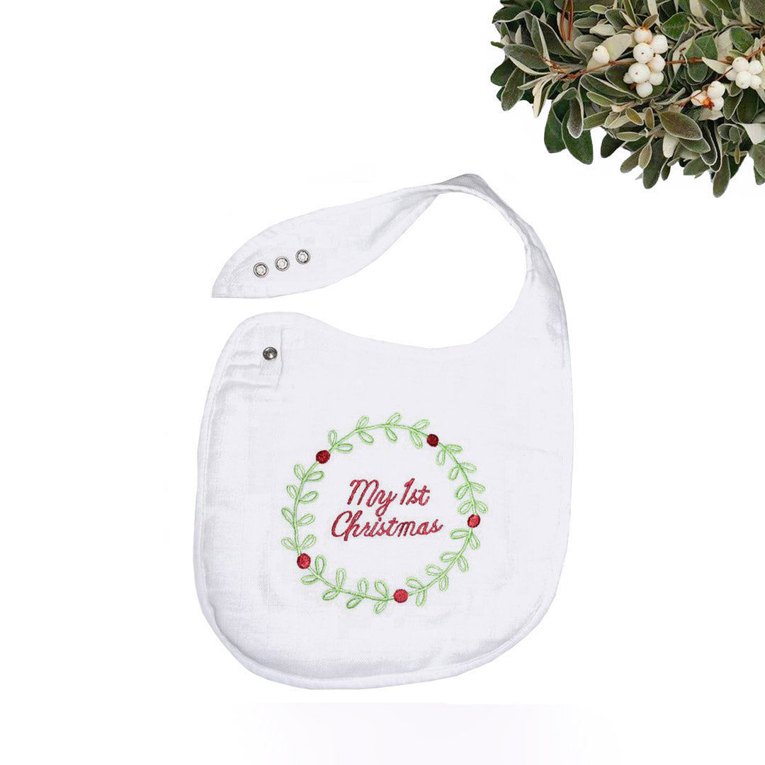 Unisex 100% Cotton handmade Festive Bibs - My 1st Christmas - White