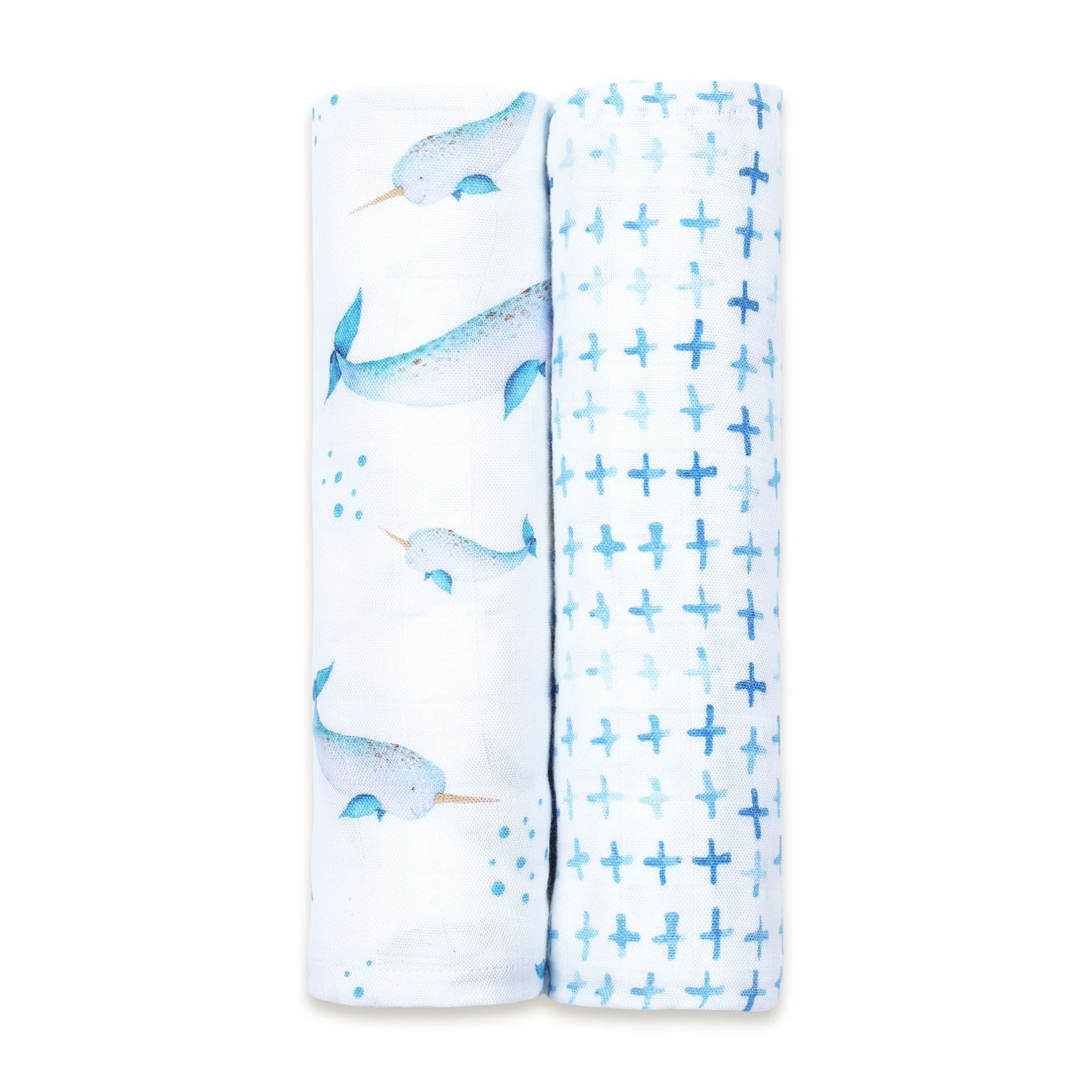 Unisex Organic Bamboo Muslin Swaddles, 0-1 years-Believe In The Narwhal-Blue
