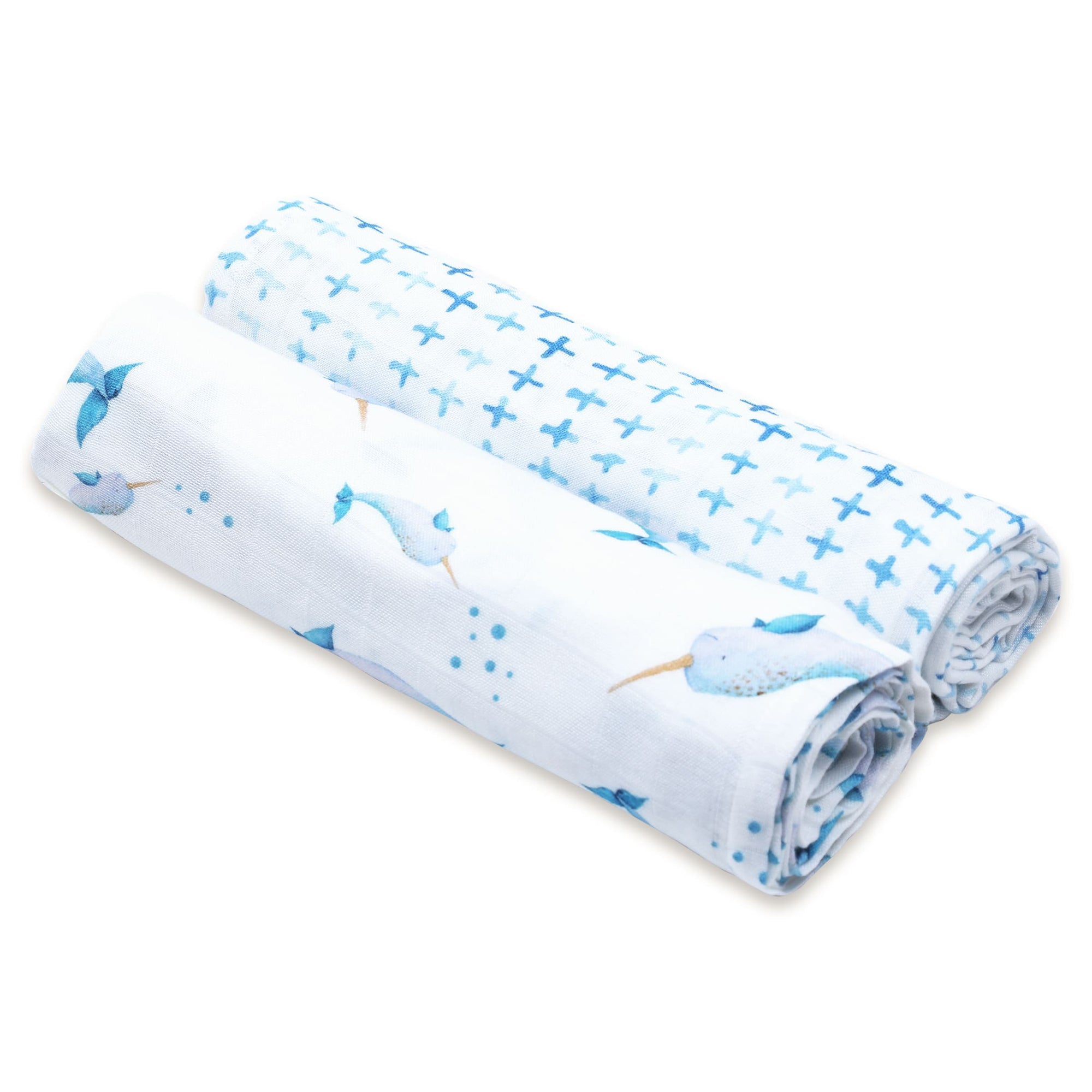 Unisex Organic Bamboo Muslin Swaddles, 0-1 years-Believe In The Narwhal-Blue
