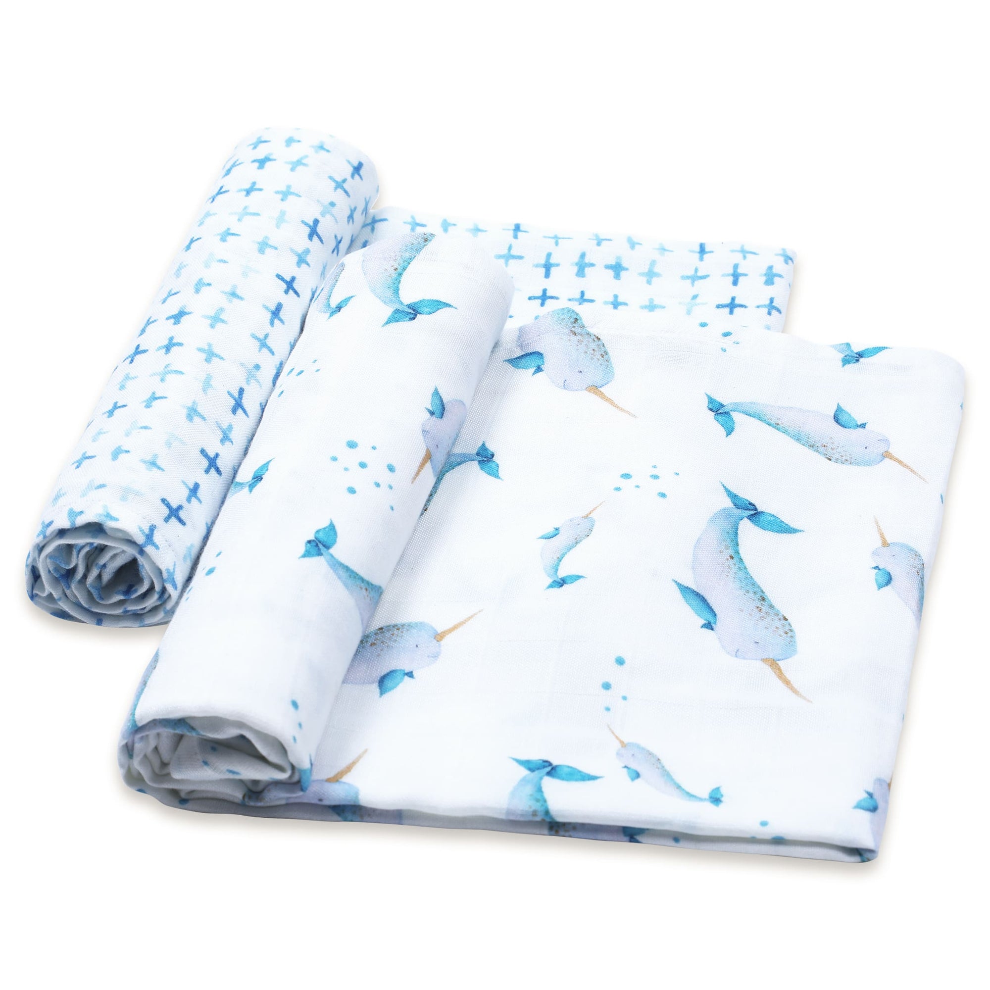 Unisex Organic Bamboo Muslin Swaddles, 0-1 years-Believe In The Narwhal-Blue