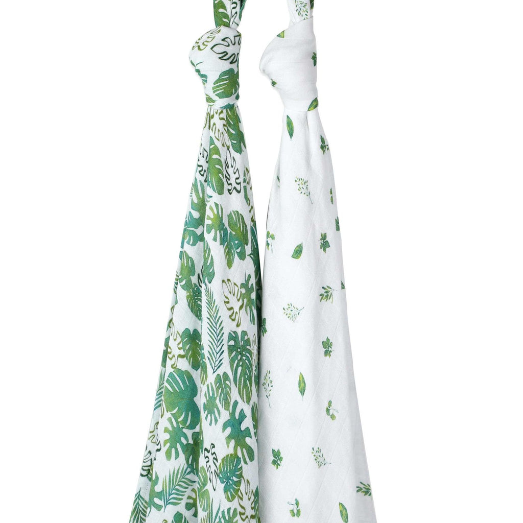 Unisex Organic Bamboo Muslin Swaddles, 0-1 year-Tropical Vibes Only-Green