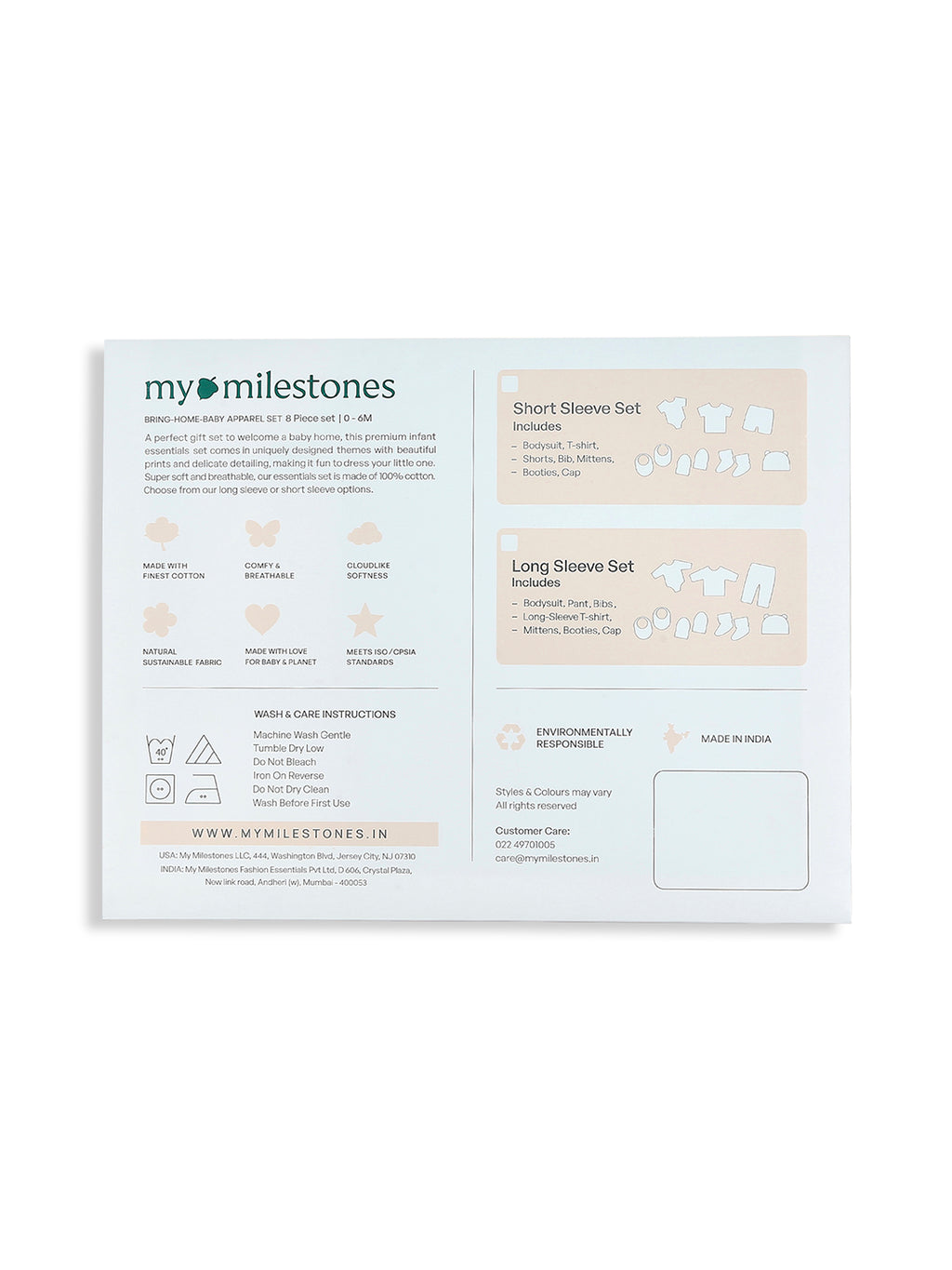 My Milestones baby clothing set packaging with information on sleeve sets and care instructions.