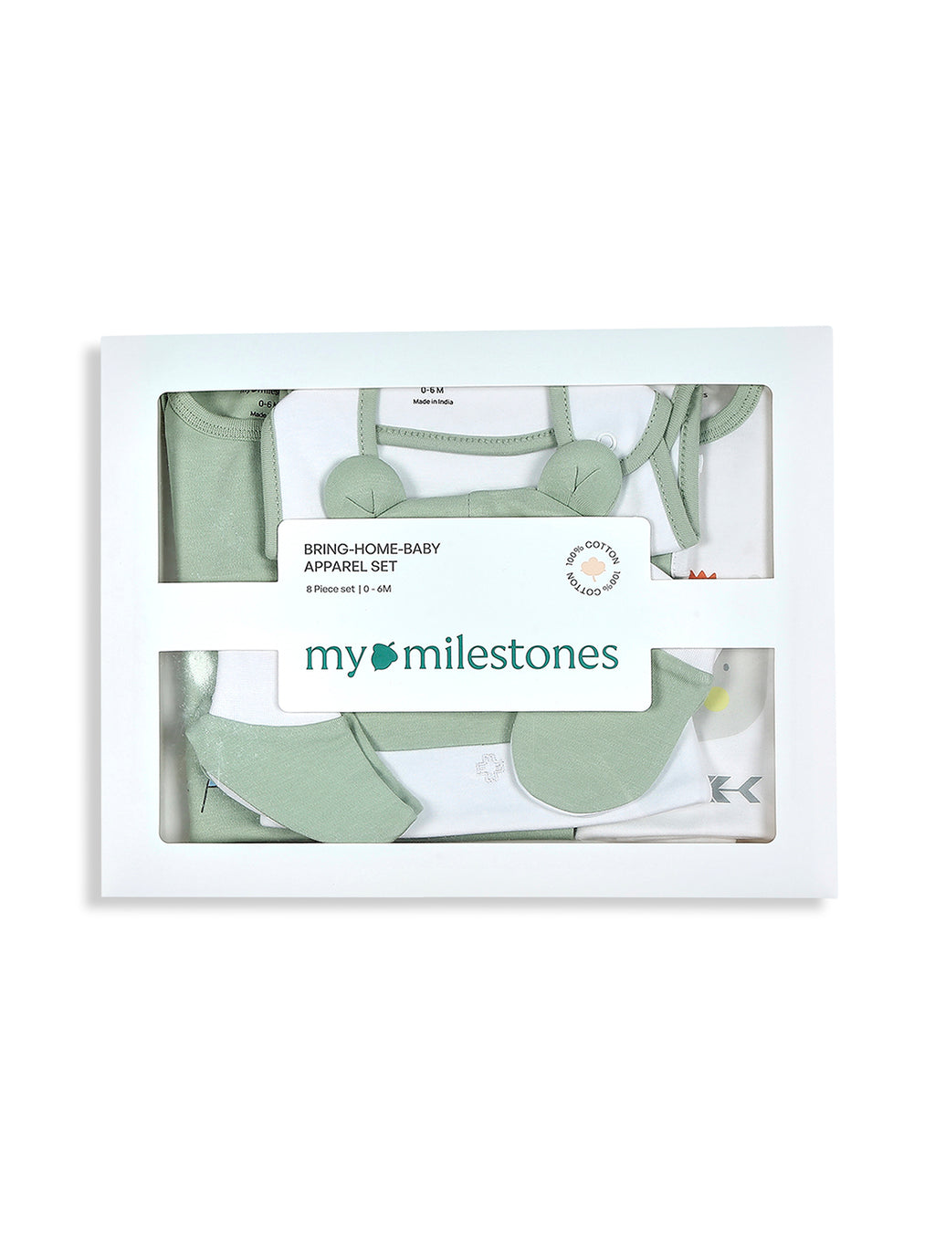 Baby apparel set packaging with 'my milestones' branding on a white background